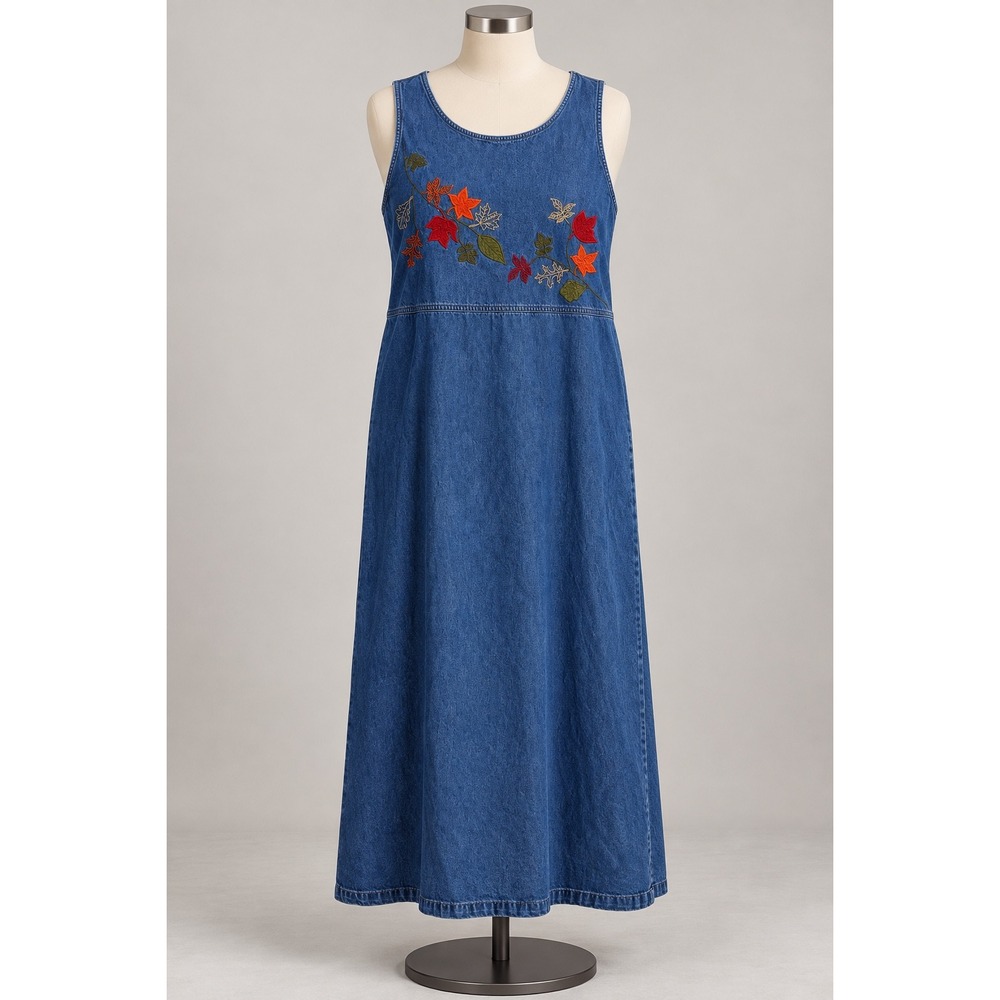 Vintage 90's Denim Maxi Dress Women XL Embroidered Fall Leaves Teacher Country
